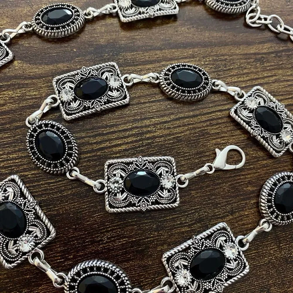 Silver Y2K Black Jewel Whimsygoth Chain Belt, Fits 25.5-42.5 Inches, X7GA1291
